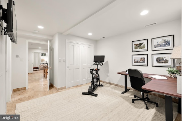 office area with recessed lighting, visible vents, and baseboards