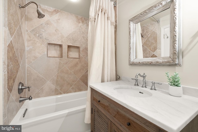 bathroom featuring shower / tub combo with curtain and vanity