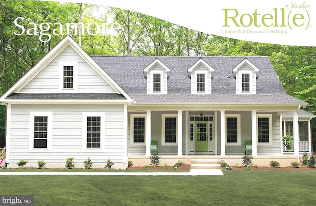 cape cod-style house featuring covered porch and a front lawn