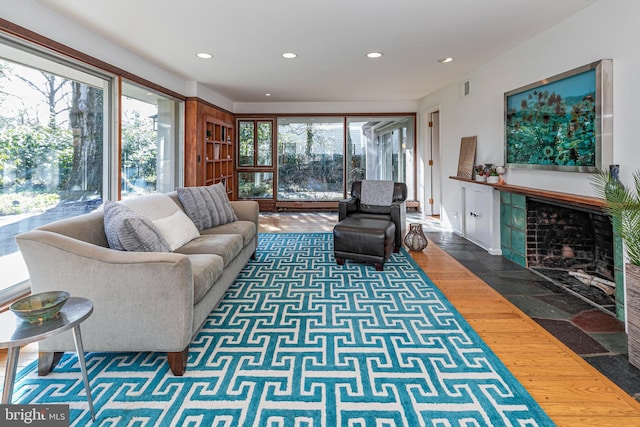 living room with a fireplace and dark hardwood / wood-style flooring