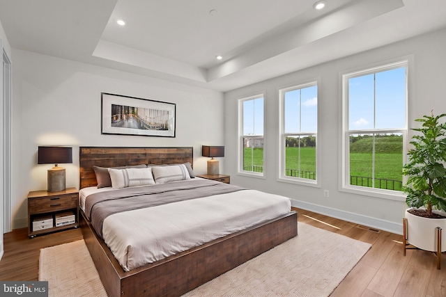 bedroom with light wood-type flooring, multiple windows, and a raised ceiling