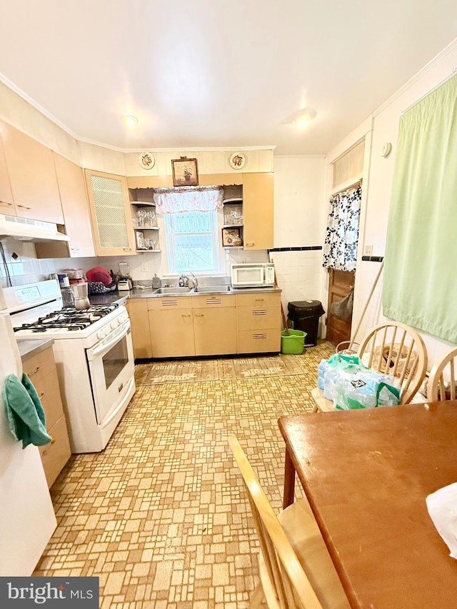 kitchen featuring white appliances, crown molding, and sink