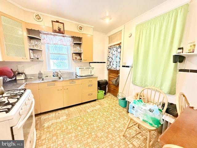 kitchen featuring white appliances, ornamental molding, sink, and stainless steel counters