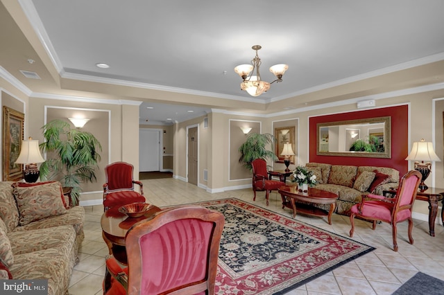 tiled living area with visible vents, baseboards, ornamental molding, a raised ceiling, and an inviting chandelier