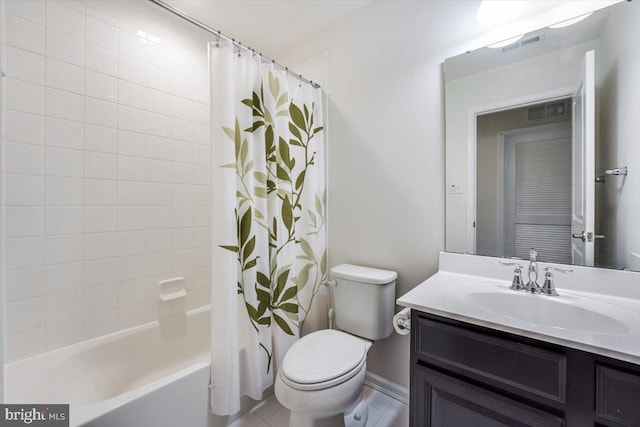 full bath with tile patterned flooring, toilet, visible vents, vanity, and shower / bath combo