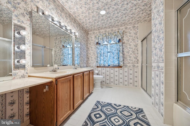 full bath featuring wallpapered walls, tile patterned flooring, and an enclosed shower