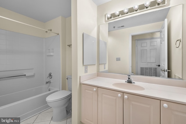 full bathroom featuring visible vents, toilet, tub / shower combination, vanity, and tile patterned floors