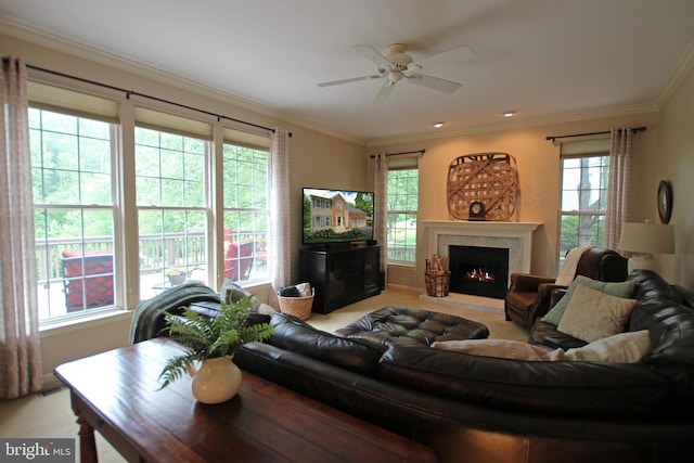15516 Wigeon Way, Woodbridge, VA 22191 - living area featuring a ceiling fan, a tile fireplace, and ornamental molding