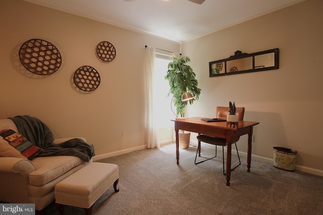 15516 Wigeon Way, Woodbridge, VA 22191 - home office featuring carpet floors, crown molding, baseboards, and ceiling fan