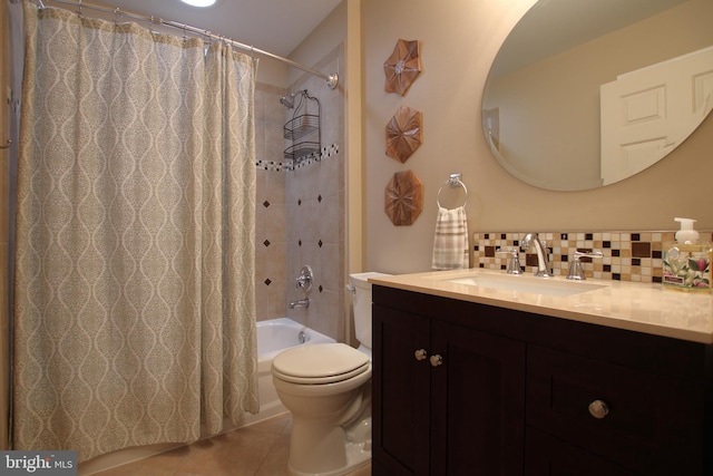 15516 Wigeon Way, Woodbridge, VA 22191 - bathroom with toilet, tasteful backsplash, tile patterned flooring, vanity, and shower / bath combo with shower curtain