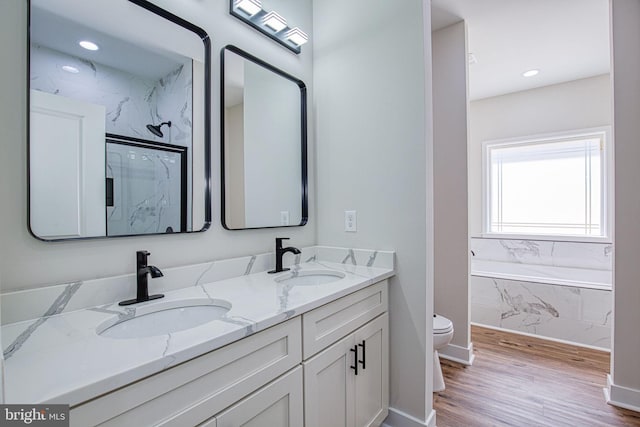 bathroom with double vanity, a sink, toilet, and wood finished floors