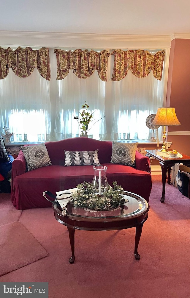 carpeted living room with ornamental molding