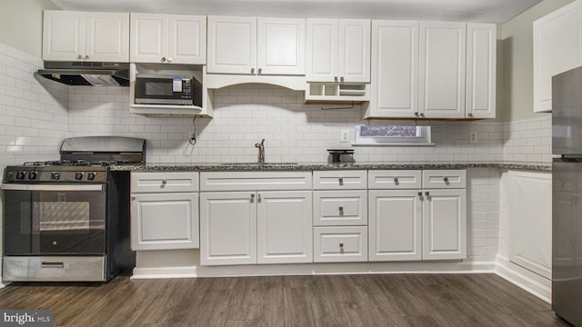 kitchen with under cabinet range hood, white cabinetry, stainless steel appliances, and a sink