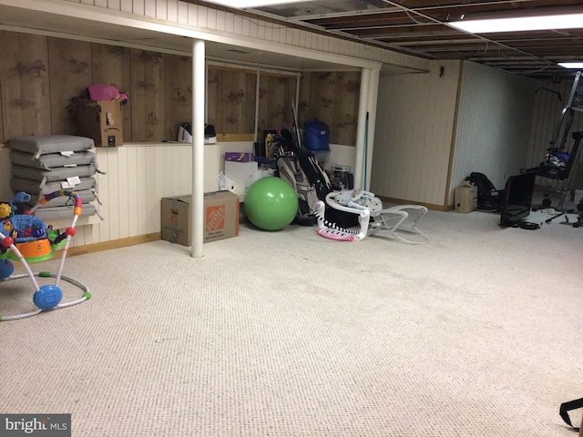 finished basement featuring wooden walls and carpet flooring