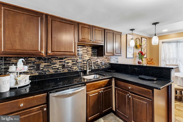 kitchen with sink, dark stone counters, stainless steel dishwasher, kitchen peninsula, and decorative backsplash