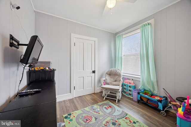 playroom featuring ceiling fan and wood-type flooring