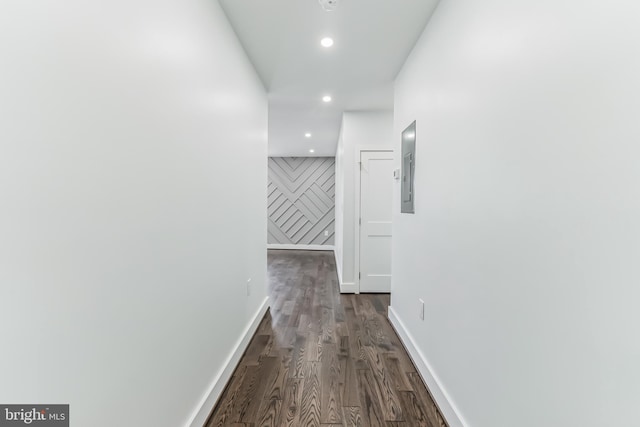 hallway featuring electric panel and dark wood-type flooring