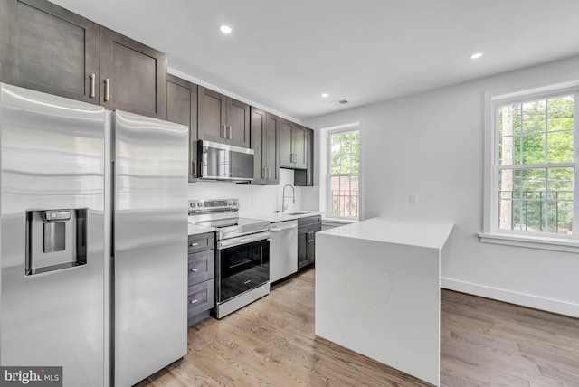 kitchen with appliances with stainless steel finishes, plenty of natural light, sink, and light hardwood / wood-style floors