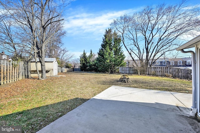 view of yard featuring a fenced backyard, a storage unit, an outbuilding, and a patio