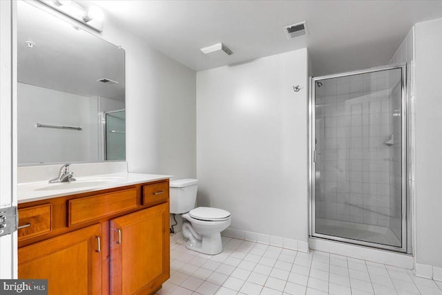 bathroom featuring visible vents, toilet, tile patterned flooring, vanity, and a shower stall