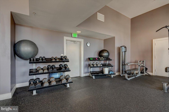 gym featuring visible vents and baseboards