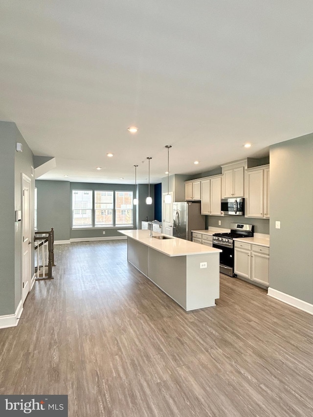 kitchen with light countertops, appliances with stainless steel finishes, wood finished floors, and baseboards