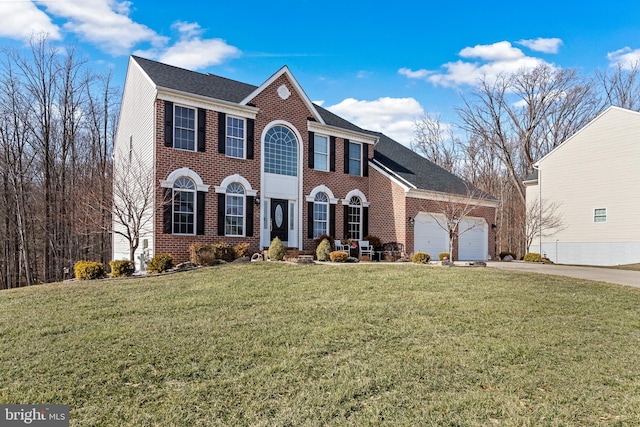 view of front facade featuring a garage, a front lawn, concrete driveway, and brick siding