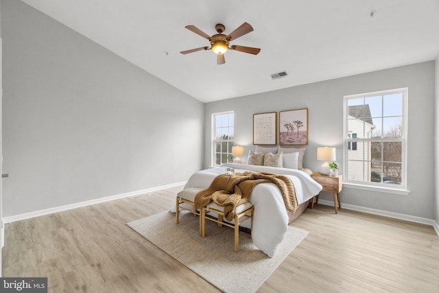 bedroom with light wood-style floors, baseboards, and visible vents