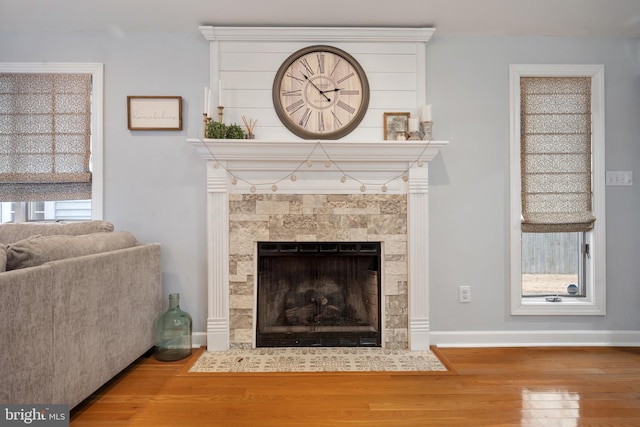 details featuring a fireplace, baseboards, and wood finished floors