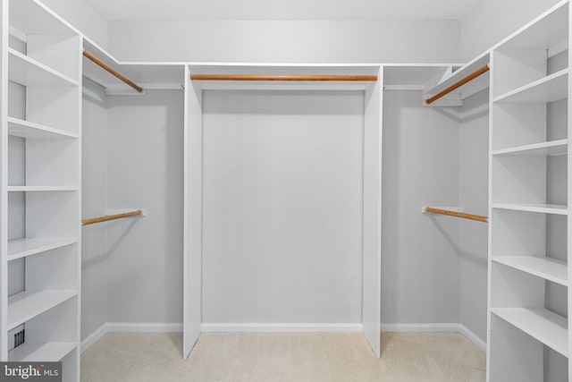 walk in closet with light colored carpet