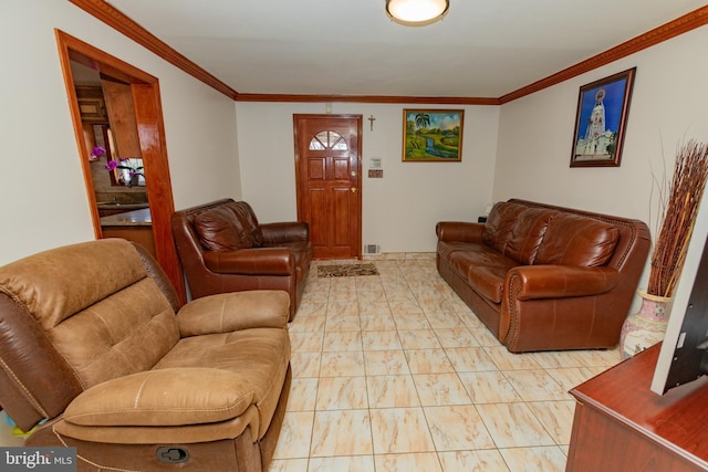 living area with crown molding