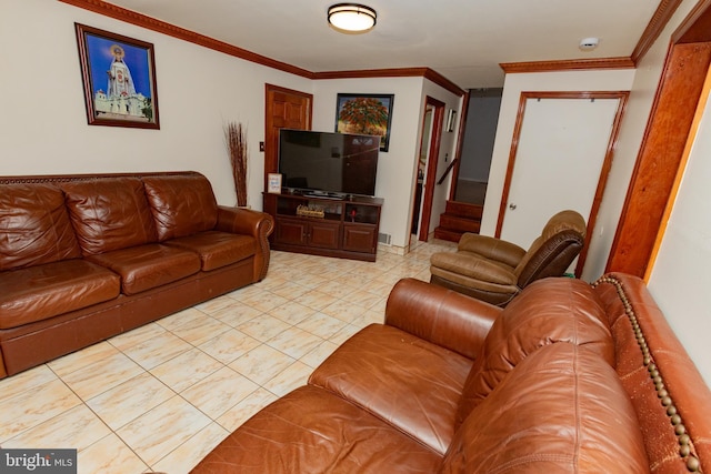 living area featuring crown molding, stairway, and light tile patterned floors