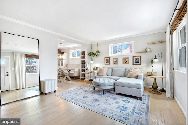 living room with ornamental molding, radiator heating unit, wood finished floors, and baseboards