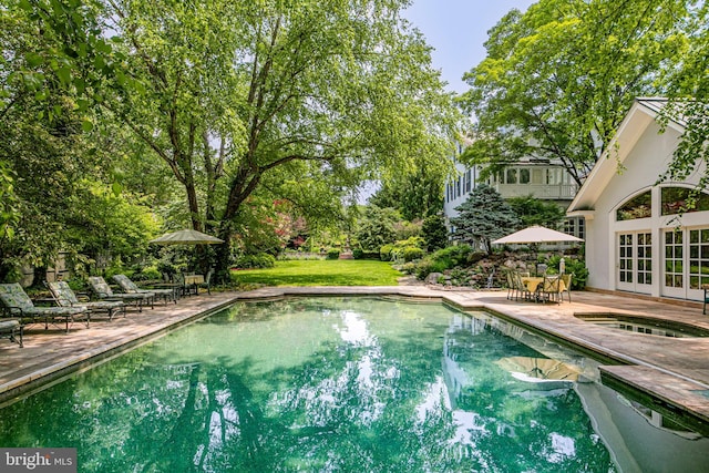 240 Library Pl, Princeton, NJ 08540 - outdoor pool with a patio, french doors, an in-ground hot tub, and outdoor dining area