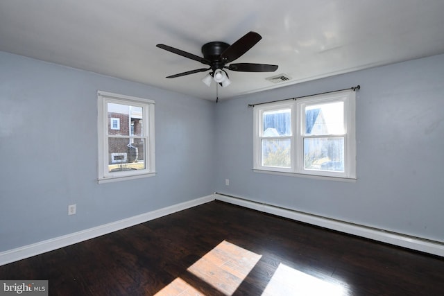 unfurnished room with plenty of natural light, ceiling fan, dark hardwood / wood-style floors, and a baseboard radiator