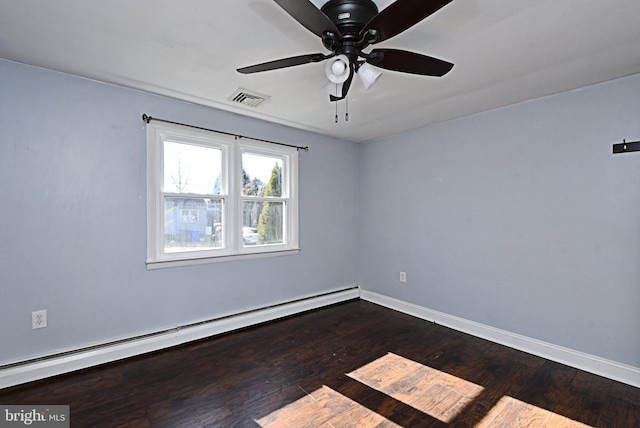 empty room with ceiling fan, dark hardwood / wood-style flooring, and baseboard heating