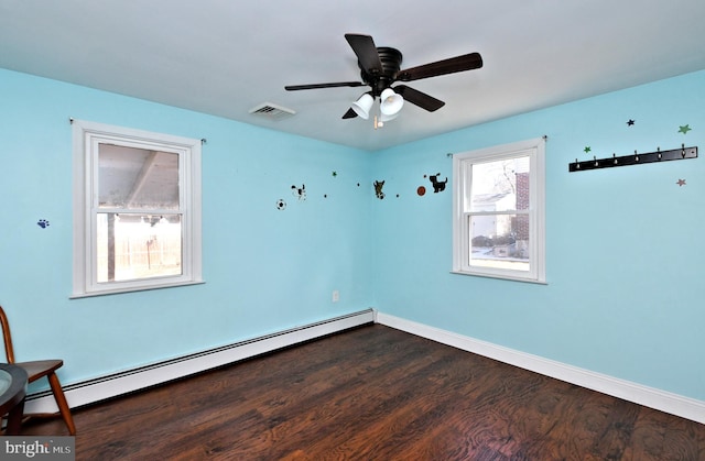 spare room with ceiling fan, dark wood-type flooring, and a baseboard radiator