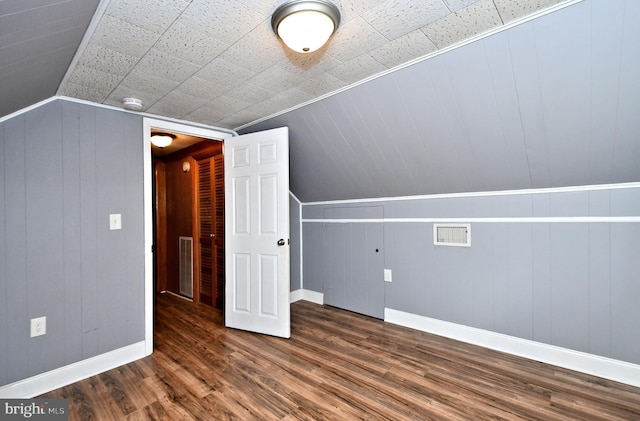 additional living space featuring dark wood-type flooring and lofted ceiling