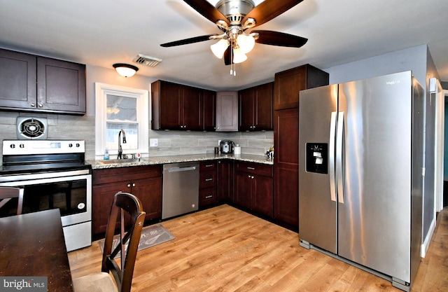 kitchen with dark brown cabinetry, stainless steel appliances, and sink