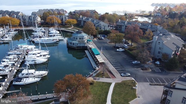 drone / aerial view with a water view