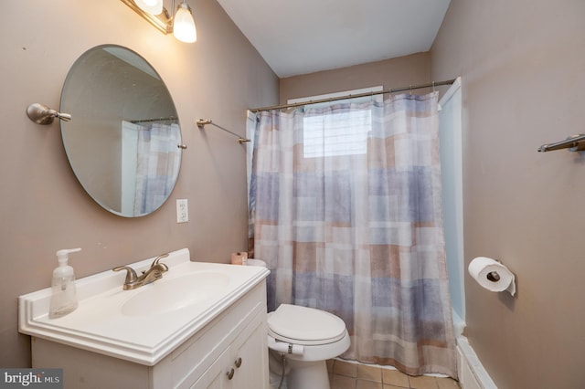 bathroom featuring toilet, vanity, and tile patterned flooring