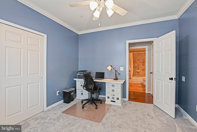 office with carpet flooring, crown molding, and baseboards