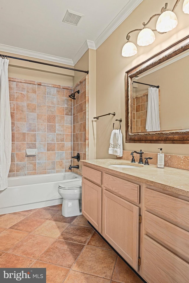 full bathroom featuring shower / bath combination with curtain, visible vents, toilet, ornamental molding, and vanity