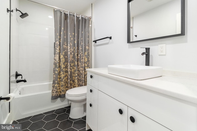 full bath featuring vanity, toilet, tile patterned flooring, and shower / bath combination with curtain