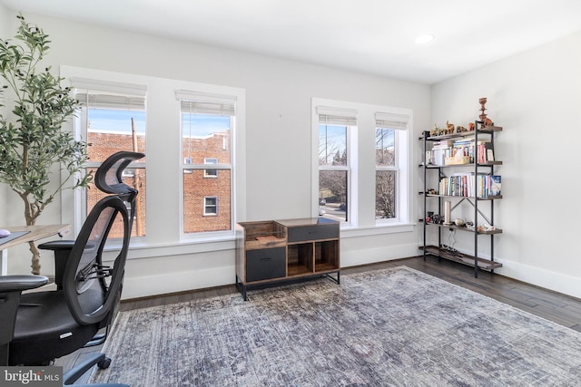 office area with a wealth of natural light, baseboards, and wood finished floors