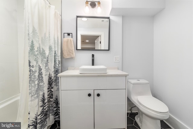 full bath with vanity, a shower with shower curtain, toilet, and tile patterned flooring