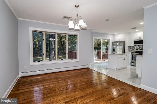 unfurnished dining area with crown molding, dark wood-type flooring, a notable chandelier, and a baseboard radiator