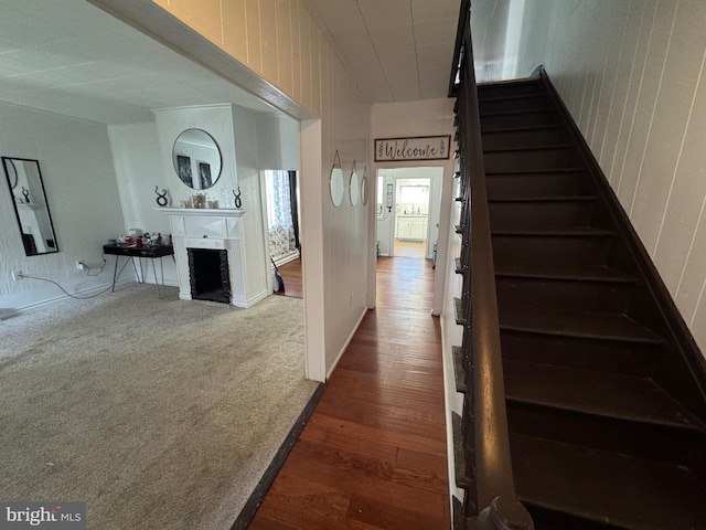 staircase with carpet floors, a fireplace, and wood finished floors