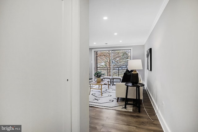 office with crown molding and dark hardwood / wood-style floors