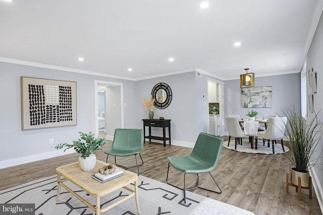 living room featuring ornamental molding and light hardwood / wood-style floors